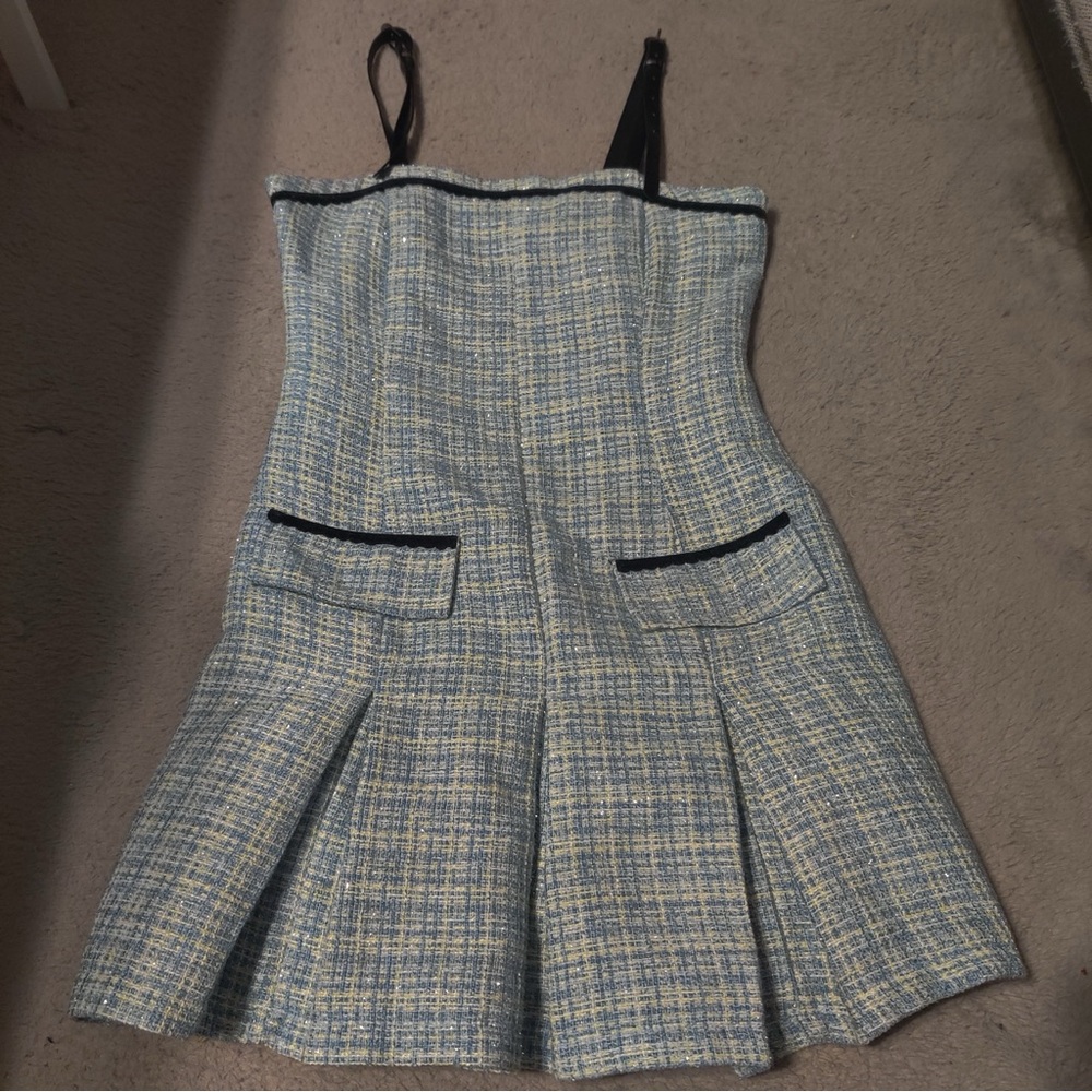CIDER Lady Blue Pleated Mini Dress & Cropped Blazer Blue Tweed Set Black Trim S - Picture 9 of 14